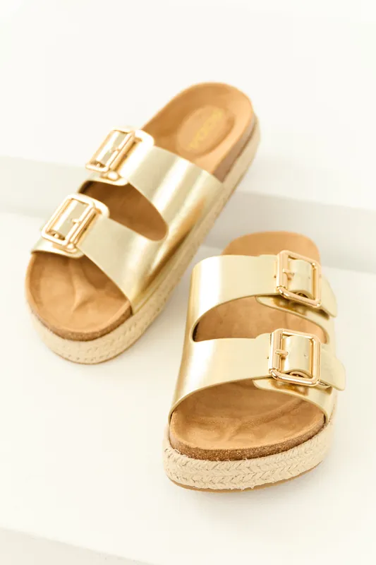Gold Espadrille Platform Twin Buckle Sandals - FORTUNE DYNAMIC