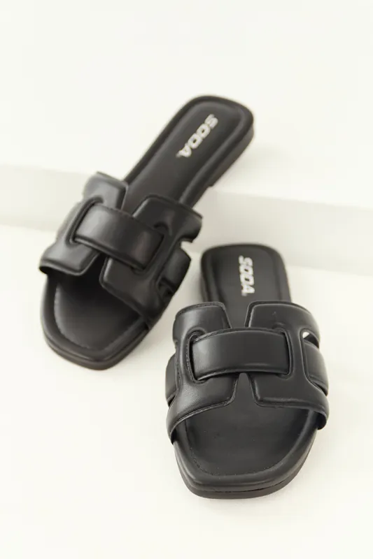 Black Interlaced Faux Leather Strap Sandals - FORTUNE DYNAMIC