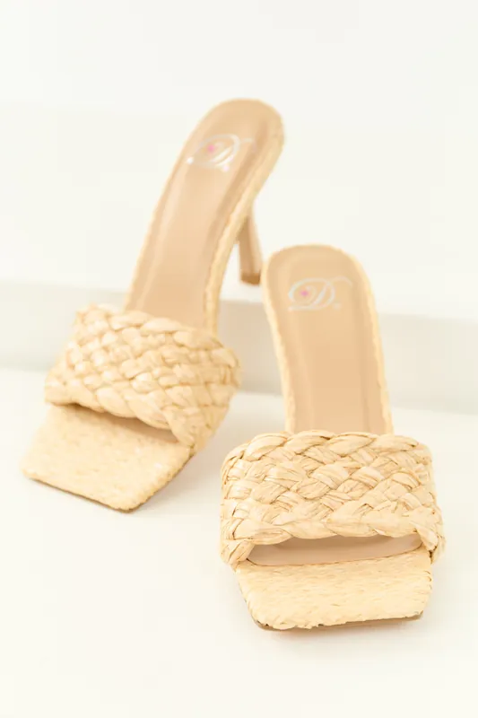 Light Desert Sand Woven Raffia Strap Stiletto Heels - FORTUNE DYNAMIC