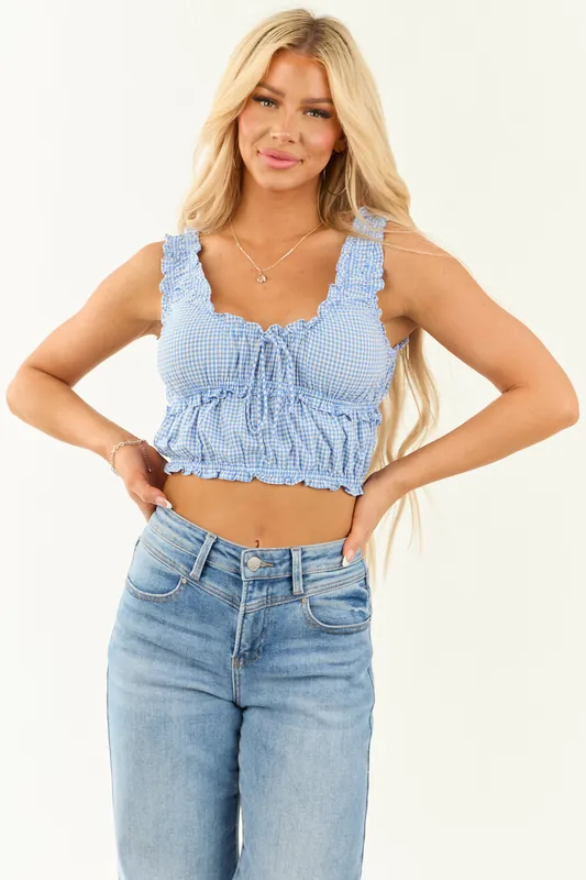 Cornflower and Cream Gingham Crop Tank Top - HYFVE