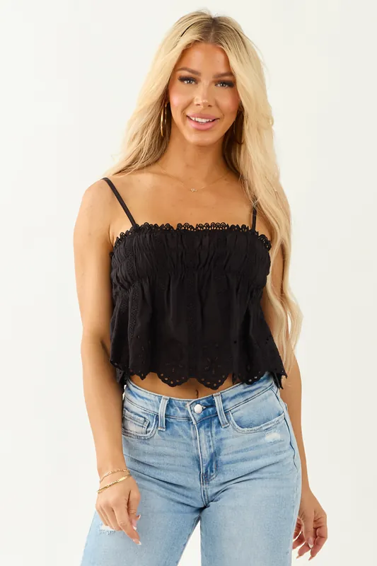 Black Eyelet Lace Trim Sleeveless Ruffle Blouse - Shop Iris