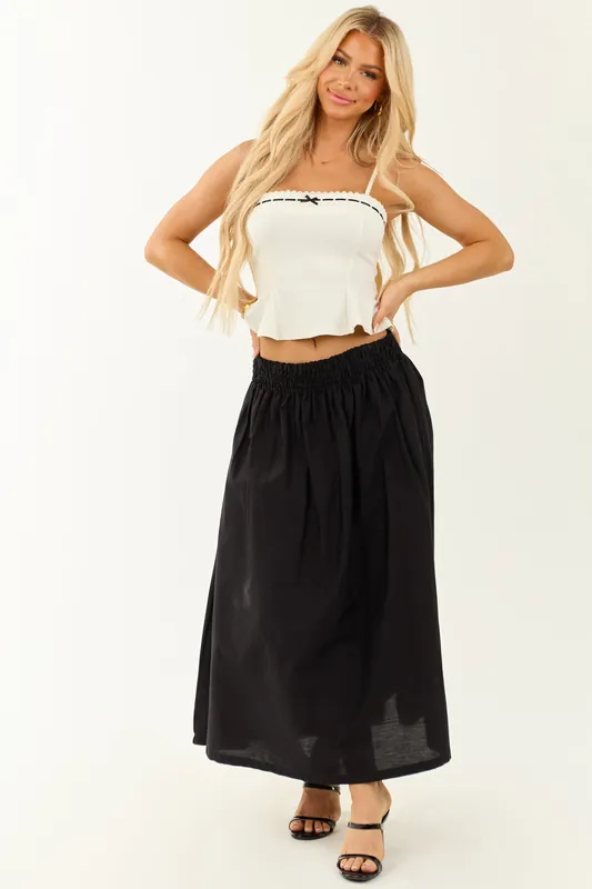 Black Smocked Waist Cotton Midi Skirt - Shop Iris