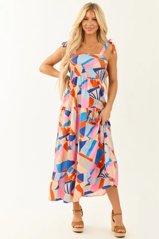 Sky Blue Abstract Print Tie Straps Midi Dress - De Vave