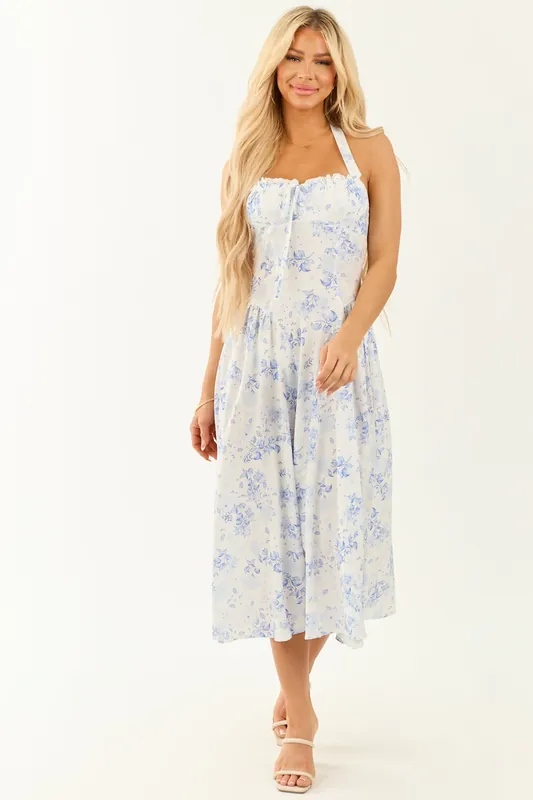Off White Floral Print Halter Neck Midi Dress - De Vave