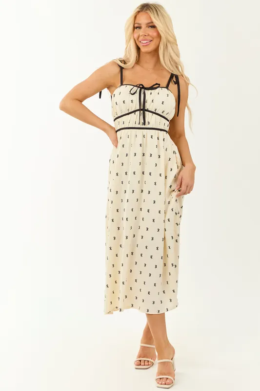 Cream Bow Print Sleeveless Tie Strap Midi Dress - In February