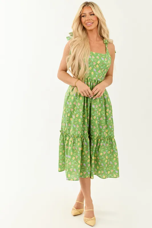 Lovelo Kelly Green Fruit Print Tie Strap Midi Dress - GeeGee