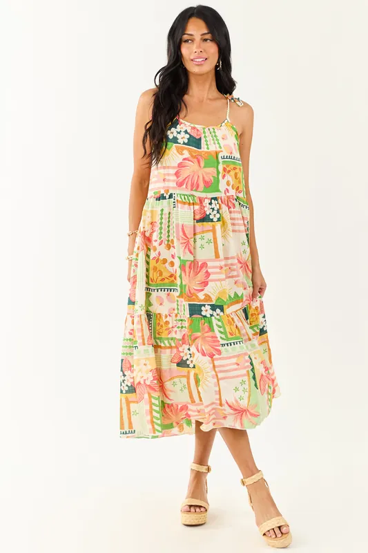 Ivory Abstract Print Tie Straps Midi Dress - Lovely Melody