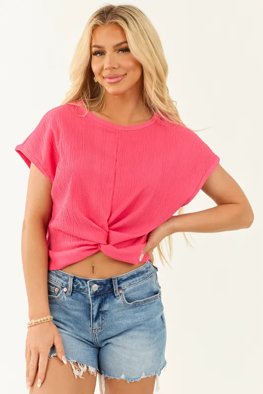 Hot Pink Front Twist Detail Short Sleeve Top - Lovely Melody