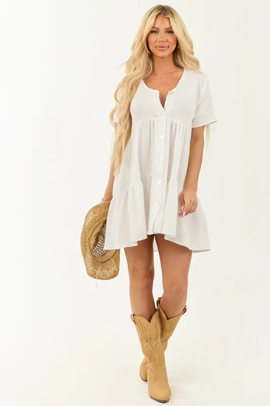 Off White Button Down Tiered Mini Dress - Lovely Melody
