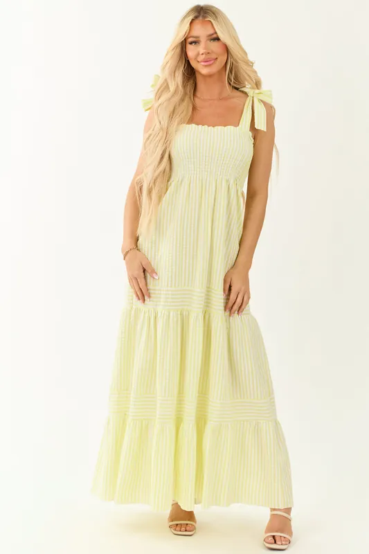 Citron Striped Shoulder Tie Maxi Dresses - Lovely Melody