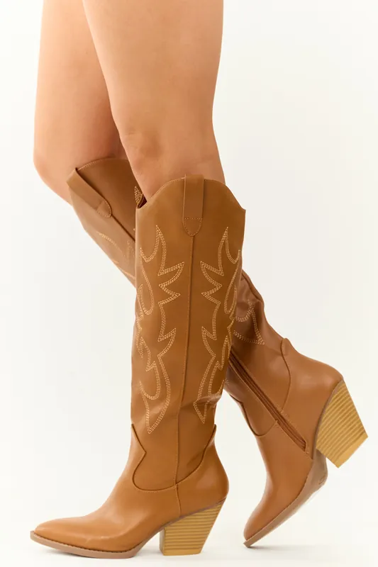 Caramel Pointed Toe Knee High Western Boots - Shoe Shoe Train