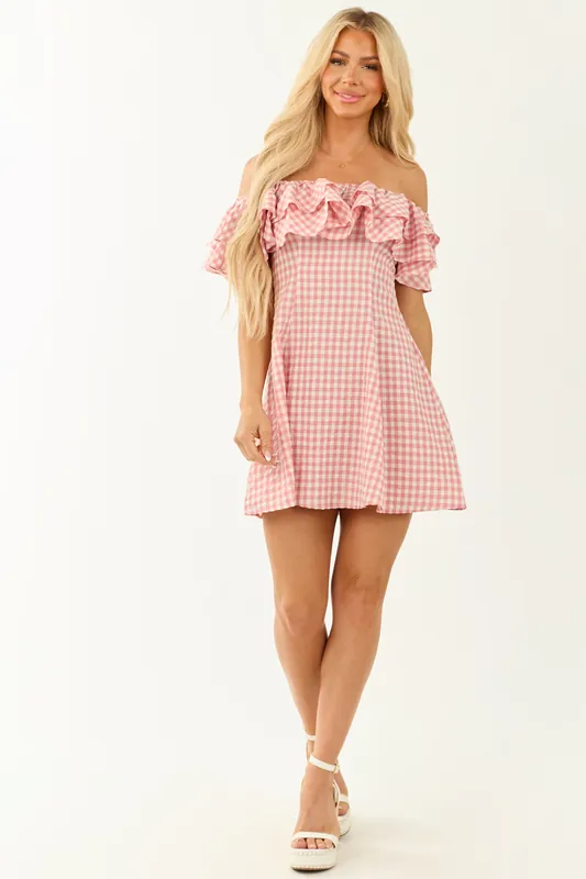 Cherry Blossom Off Shoulder Gingham Ruffle Mini Dress - BiBi