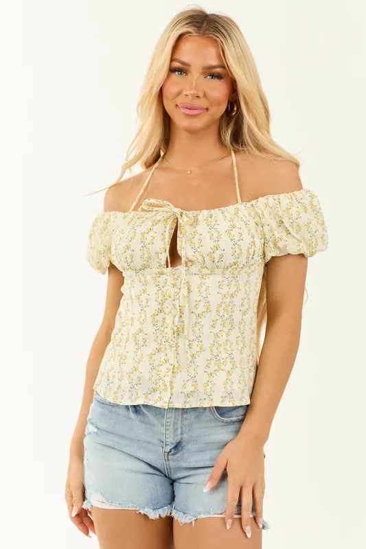 Cream Floral Print Off the Shoulder Button Up Top - Lumiere