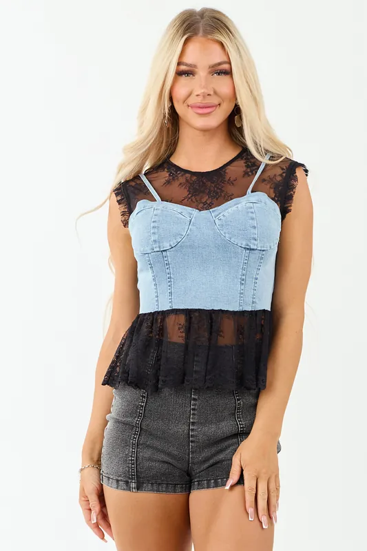 Light Wash Denim Corset Overlay Lace Tank Top - Baby Pink