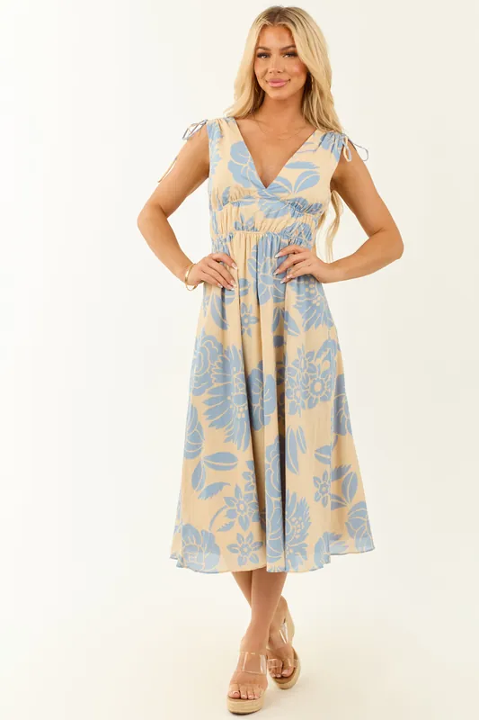 Beige Floral Print V Neck Sleeveless Midi Dress - B Right