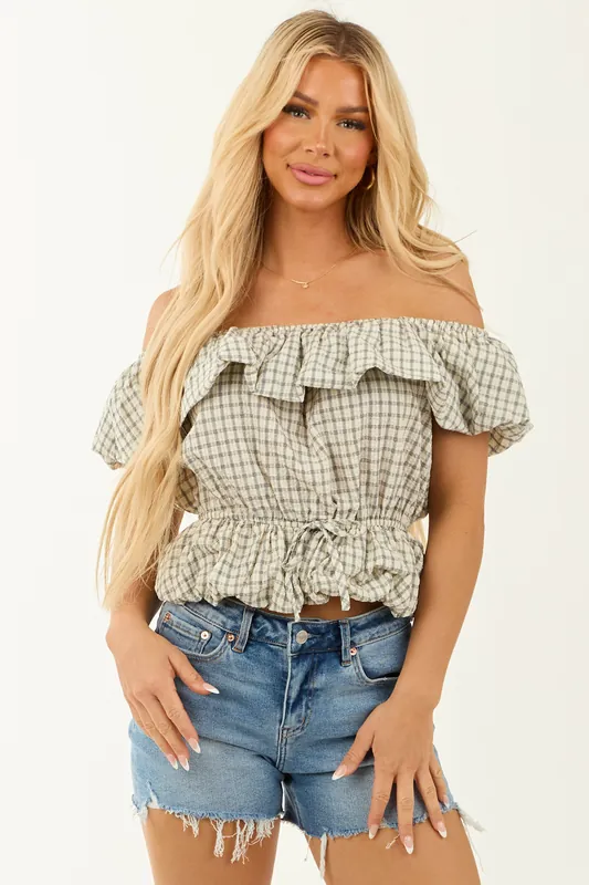 Cream Plaid Off Shoulder Peplum Bubble Hem Top - LE LIS