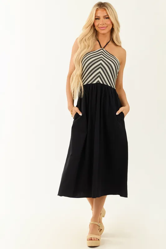 Black Striped Crochet Bodice Halter Neck Midi Dress - IDEM DITTO