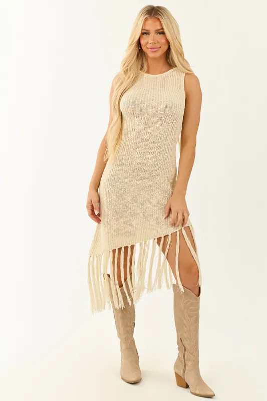 Cream Asymmetrical Tassel Hem Knit Midi Dress - IDEM DITTO