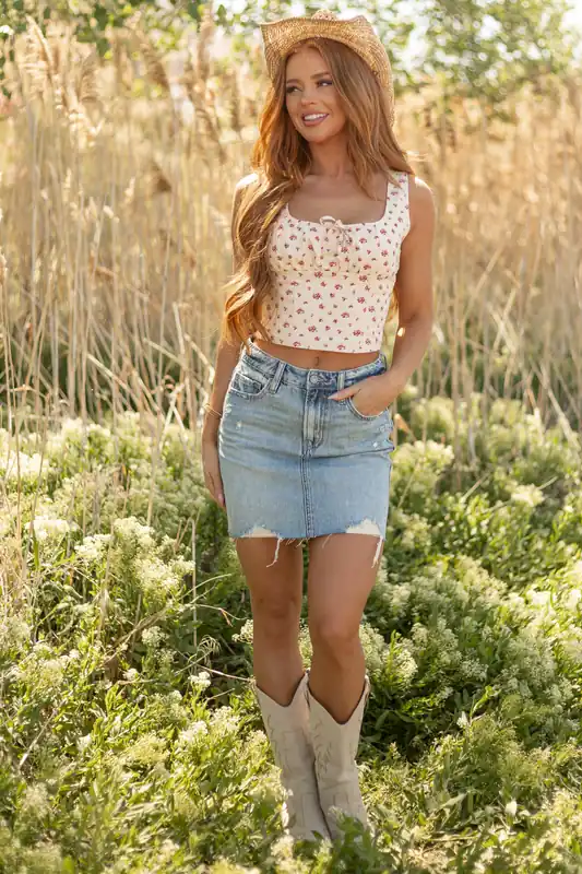 Medium Wash High Rise Distressed Mini Skirt - Hidden