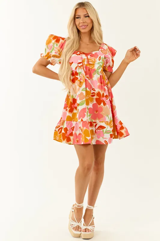 Colorful Floral Print Babydoll Puff Sleeve Mini Dress - Umgee