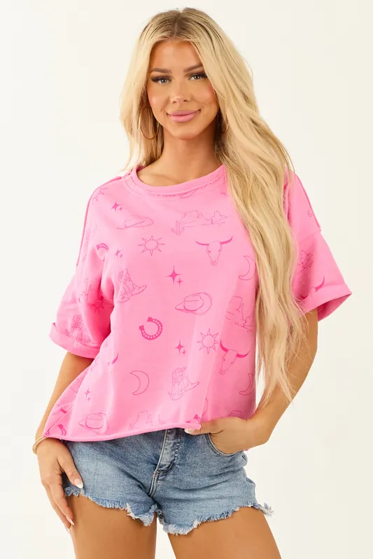 Fuchsia Western Print Short Sleeve Terry Top - Umgee
