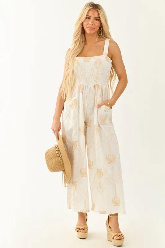 Off White Palm Tree Embroidery Smocked Jumpsuit - Umgee