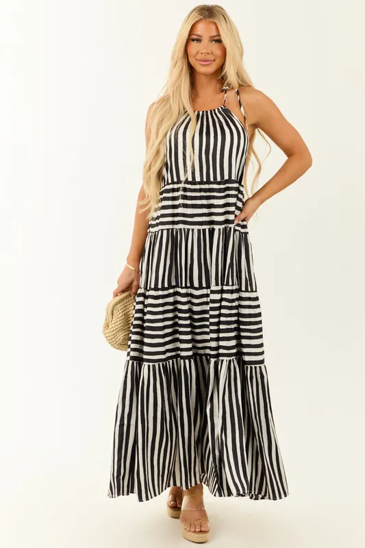 Black and White Striped Satin Sleeveless Maxi Dress - LE LIS
