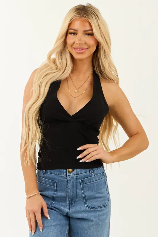 Black Halter Surplice Neck Linen Blend Top - Wasabi+Mint