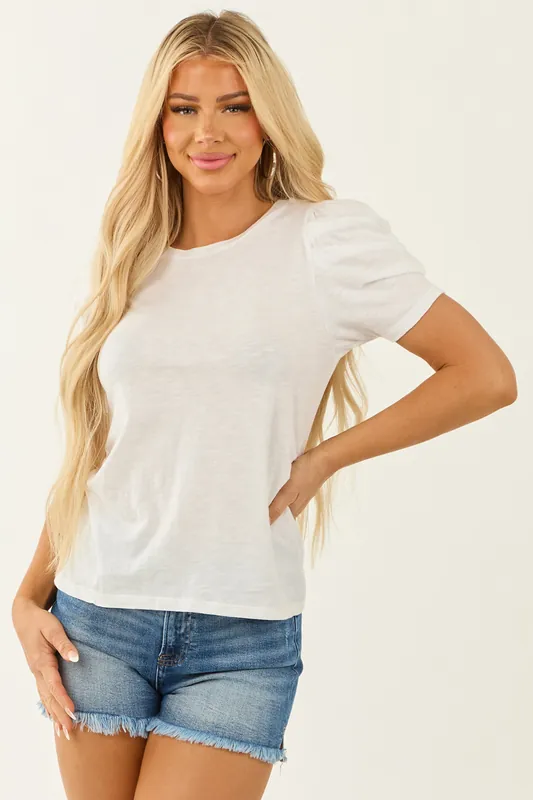 Off White Round Neck Ruched Short Sleeve Top - Wasabi+Mint