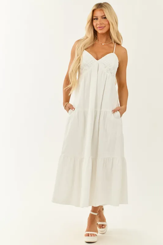 Off White Crochet Bust Sleeveless V Neck Maxi Dress - In February