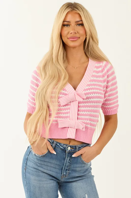 Bubblegum and Ivory Striped Half Sleeve Cardigan - eesome