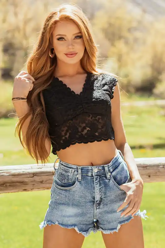 POL Black Sheer Lace Cap Sleeve V Neck Cropped Top - POL Clothing