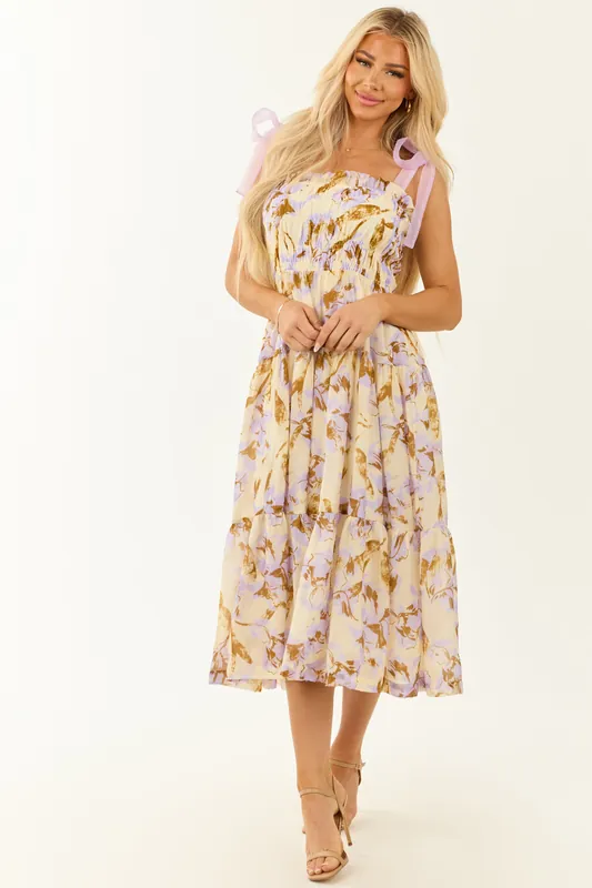 Cream Floral Print Smocked Sleeveless Midi Dress - eesome