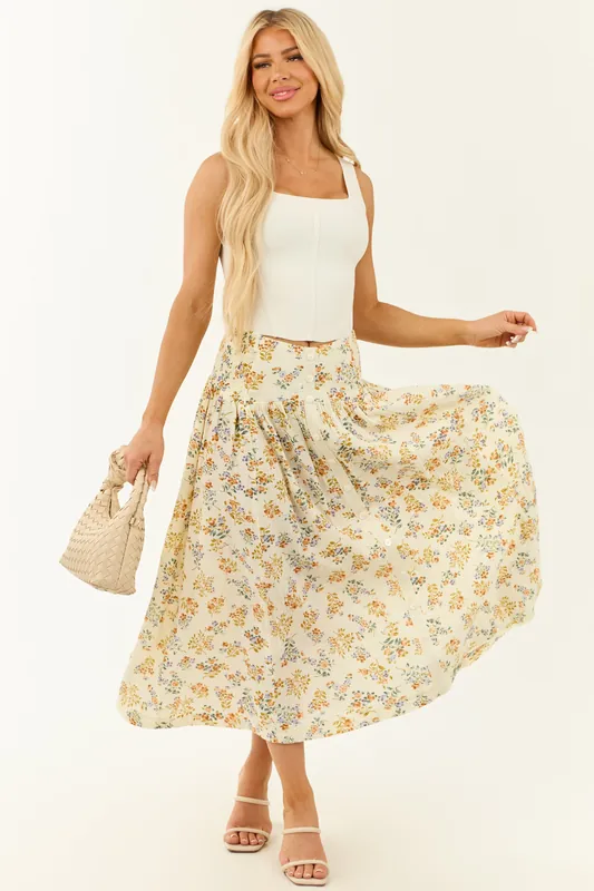 Cream Floral Cotton Gauze Button Down Maxi Skirt - eesome