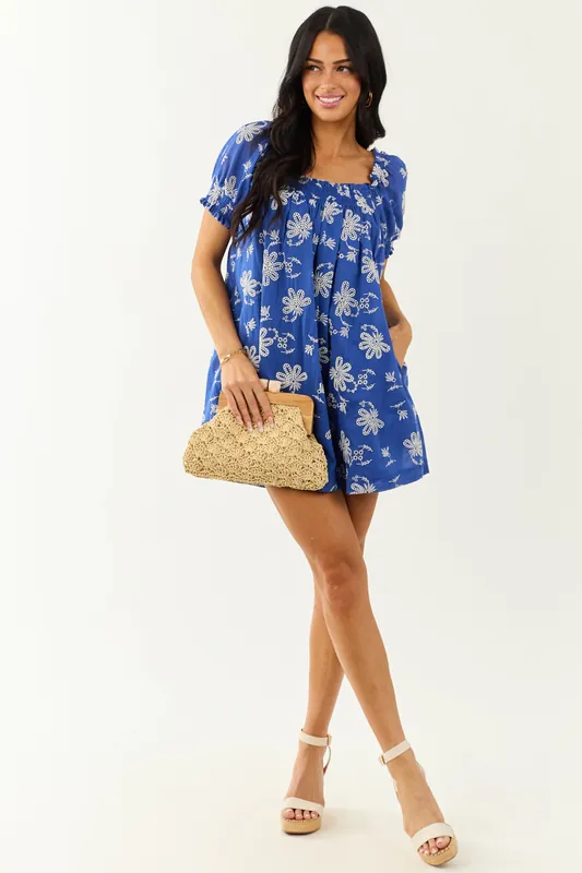 Royal Blue Floral Embroidered Puff Sleeve Mini Dress - Fore Collection