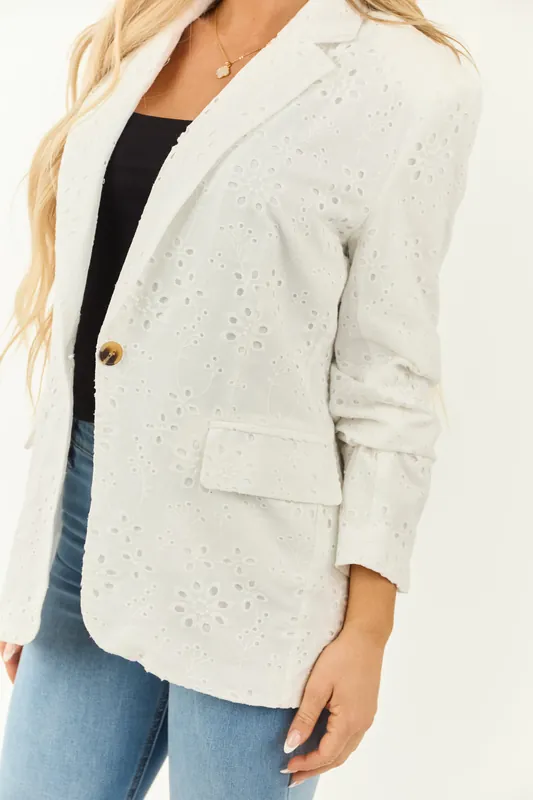 Off White Eyelet Lace Front Button Blazer - glam
