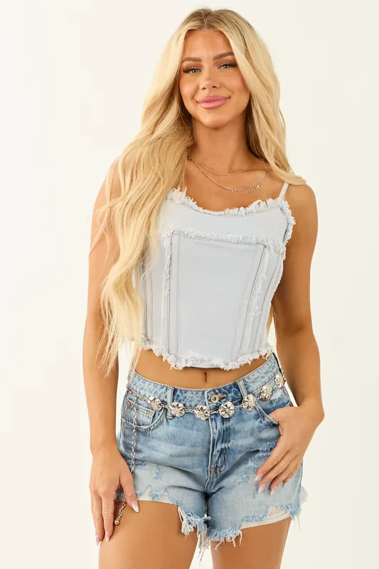 Light Wash Corset Style Frayed Hem Denim Tank Top - mello