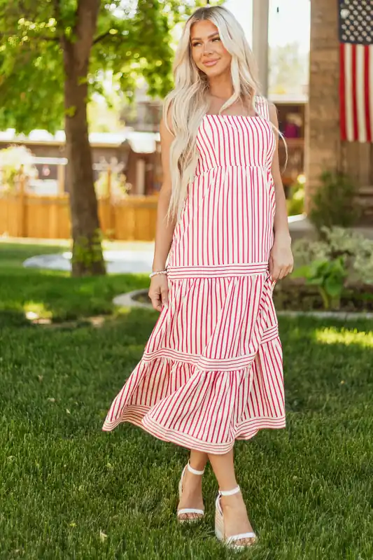 She+Sky White and Ruby Striped Sleeveless Midi Dress - She + Sky