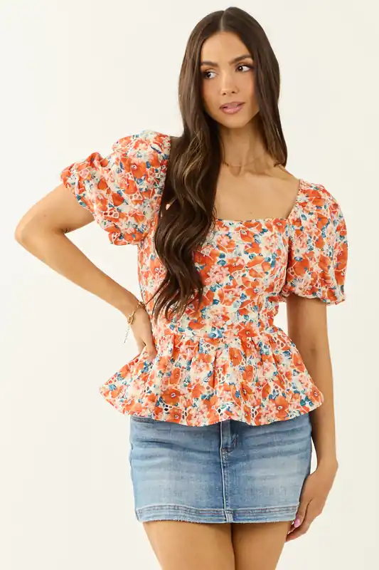 Lovelo Fire Floral Print Short Puff Sleeve Cotton Top - GeeGee