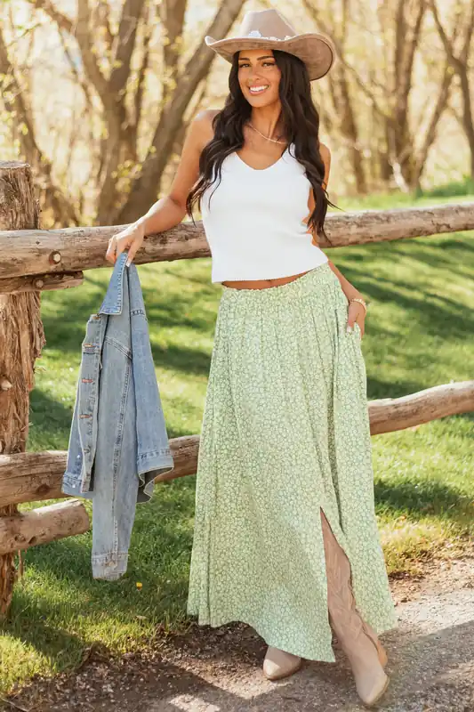 Pistachio Floral Print Smocked Maxi Skirt - ANGIE