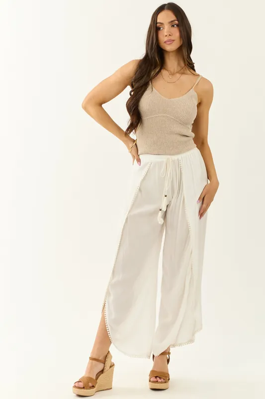 Off White Open Wrap Style Flowy Pants - ANGIE
