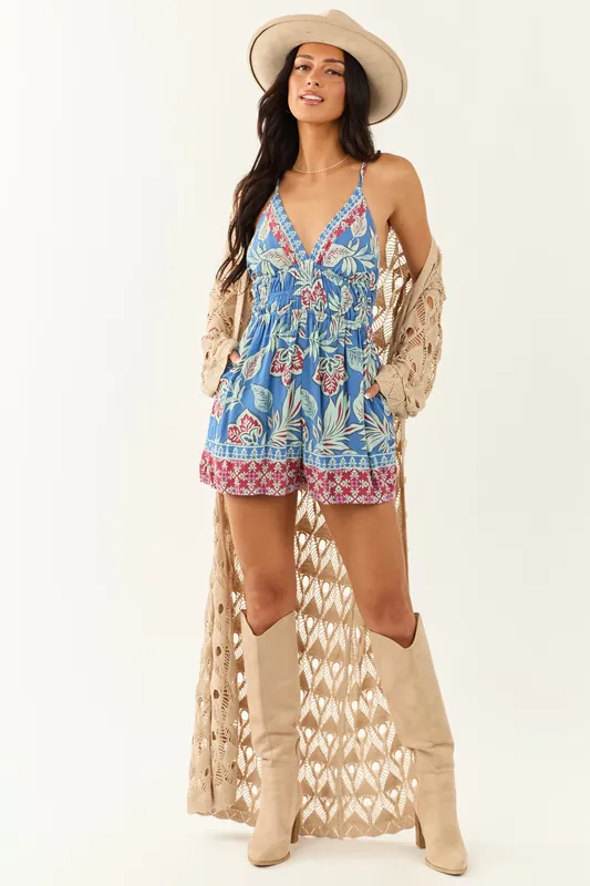 Cornflower Floral Print Sleeveless Flowy Romper - ANGIE