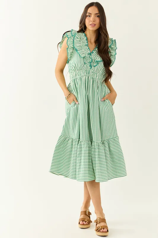 Pine and Mint Striped Ruffle Cap Sleeve Midi Dress - Umgee