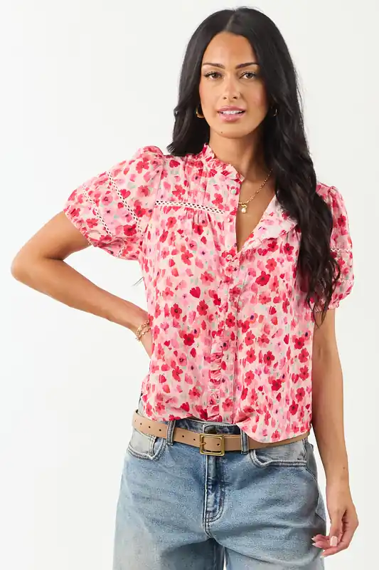 Carnation Floral Print Embroidered Puff Sleeve Blouse - Umgee