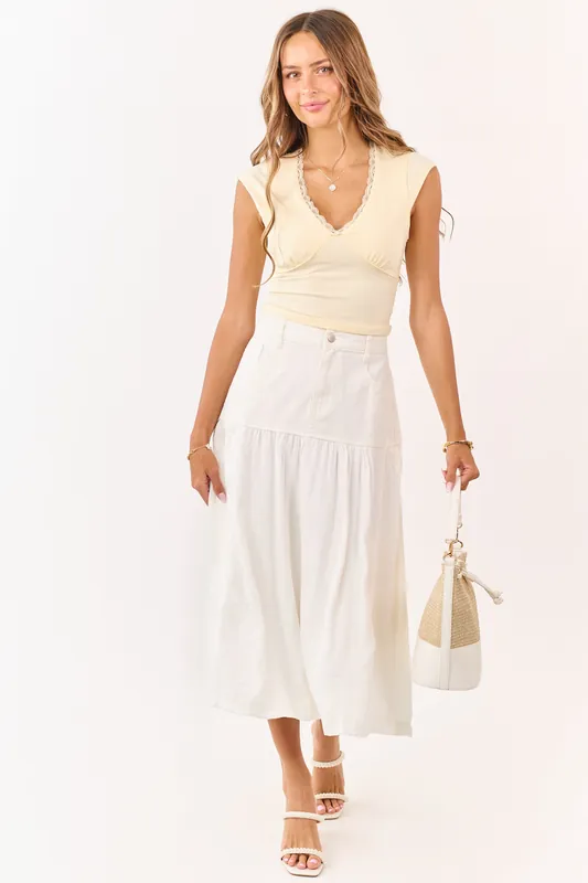 Ivory Denim Contrast Fabric Midi Skirt - Hayden