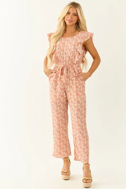 Coral and White Floral Print Ruffle Sleeve Jumpsuit - Hayden