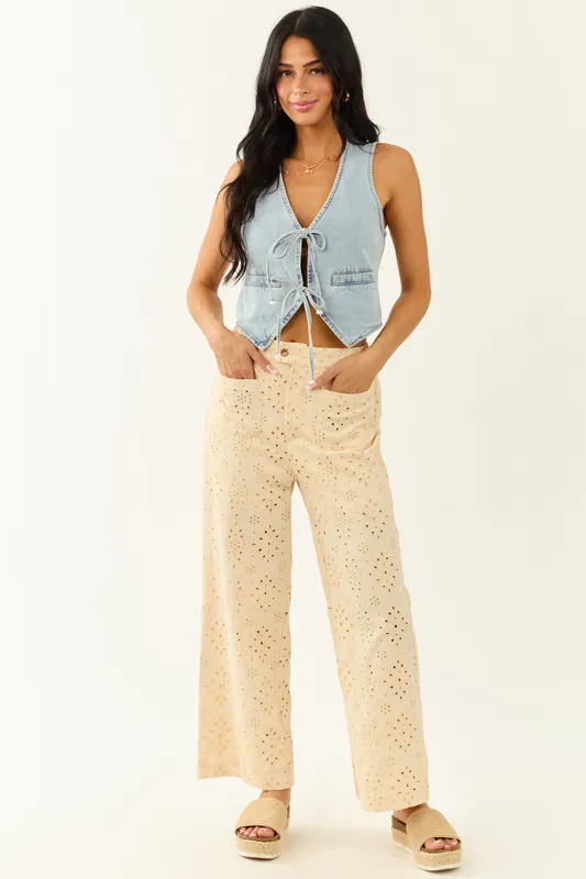 Lovelo Cream Eyelet Lace Straight Leg Cotton Pants - GeeGee
