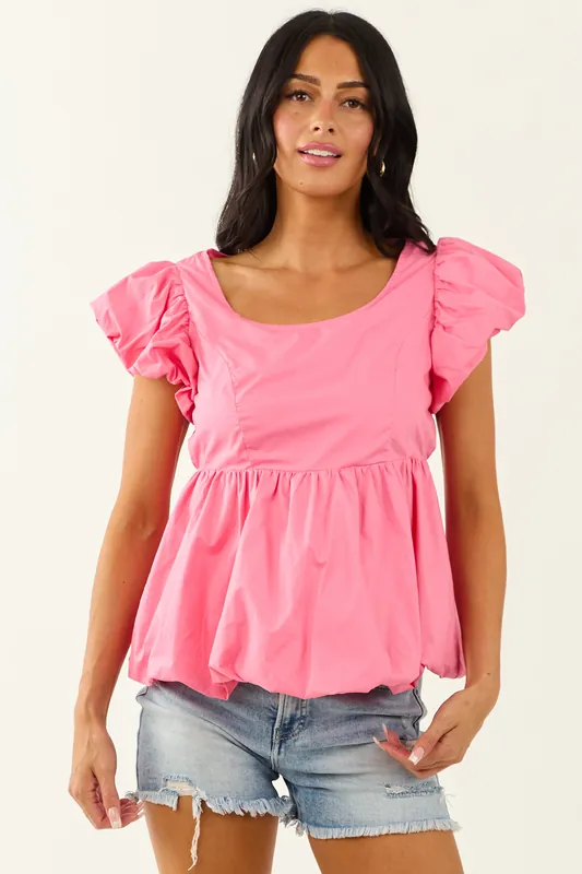 Lovelo Bubblegum Short Puff Sleeve Cotton Top - GeeGee