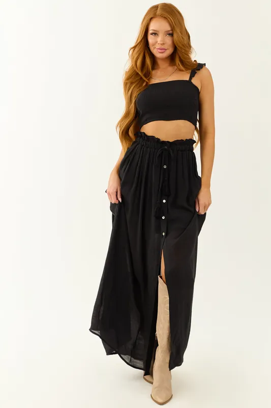 Black Ruffle Strap Crop Top and Maxi Skirt Set - So Me
