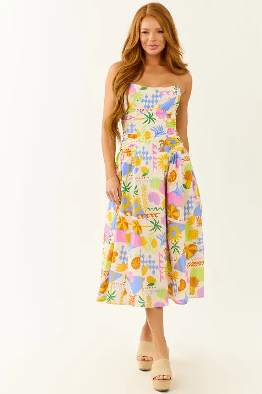 Champagne Abstract Print Strapless Cotton Midi Dress - Lumiere